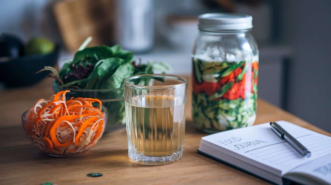 A flat-lay showing gut-health-related items like leafy greens, berries, sauerkraut, bone broth, and a notebook listing leaky gut symptoms, symbolizing awareness and healing.