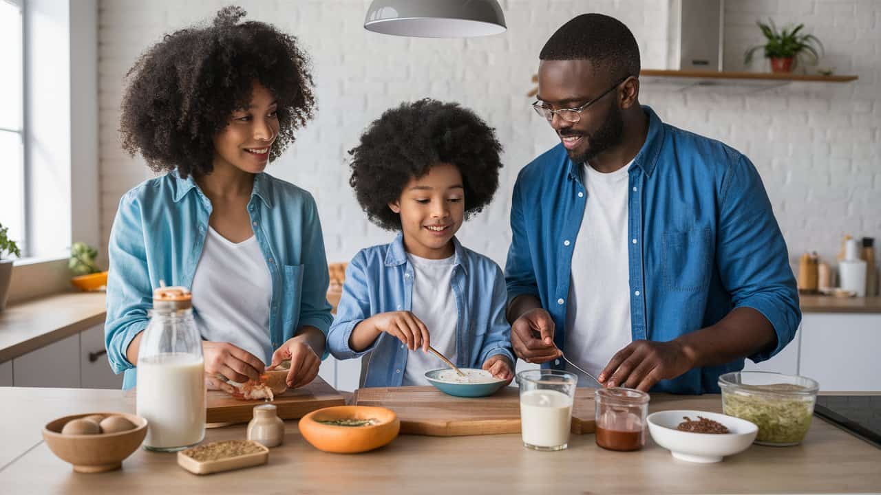 family making probiotic rich foods in kitchen