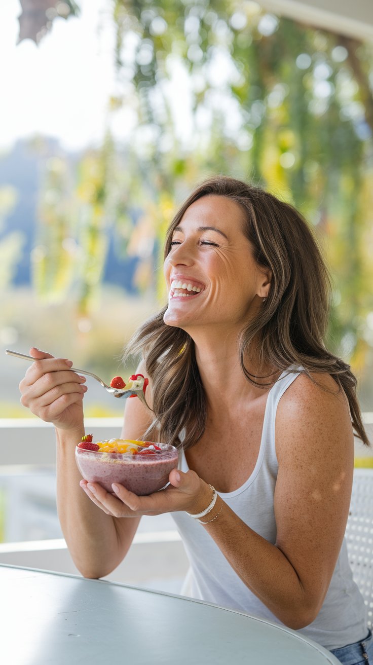 happy woman with a healthy gut