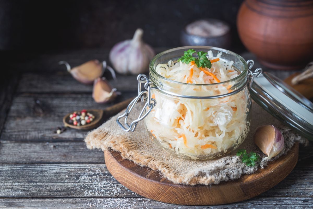 glass jar with homemade sauerkraut