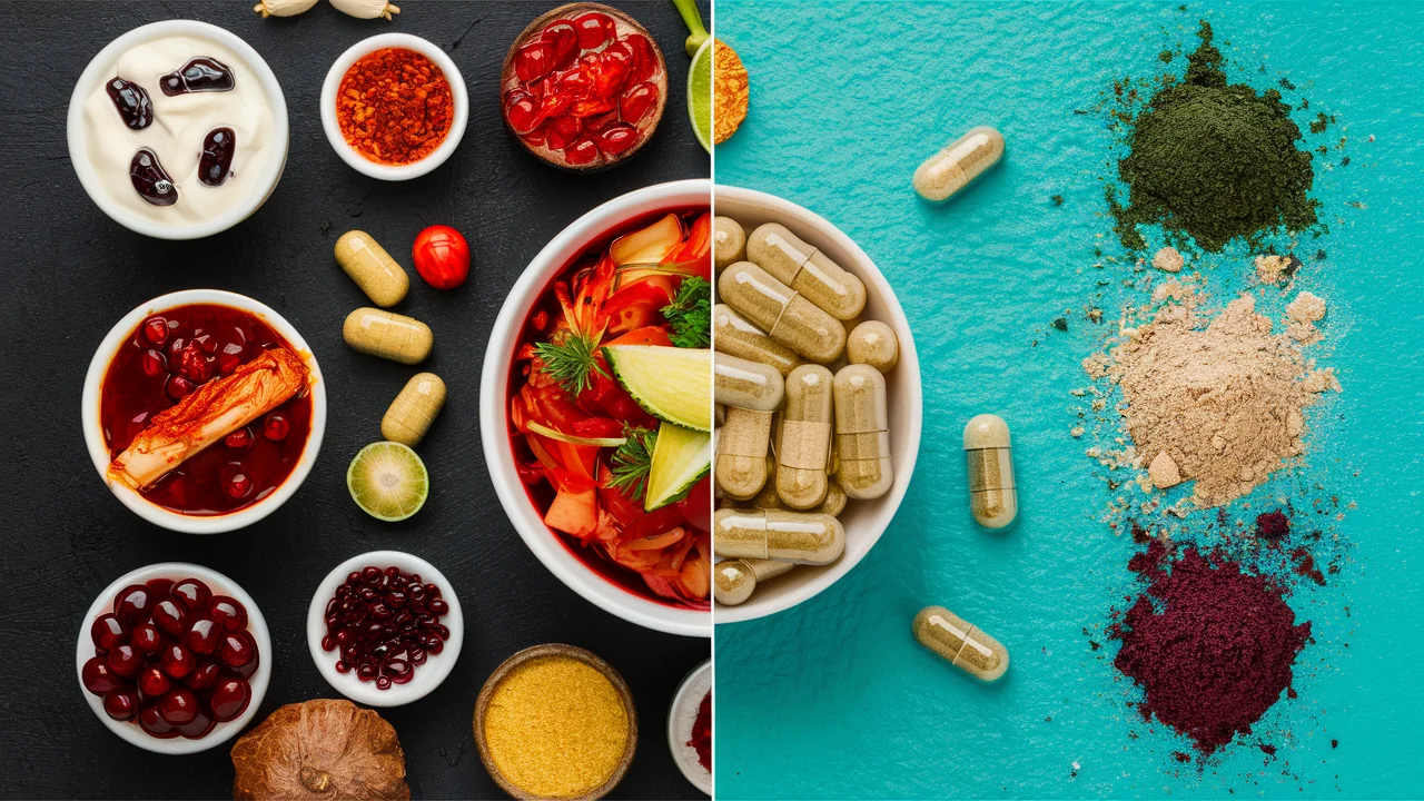 probiotic foods and supplements split screen