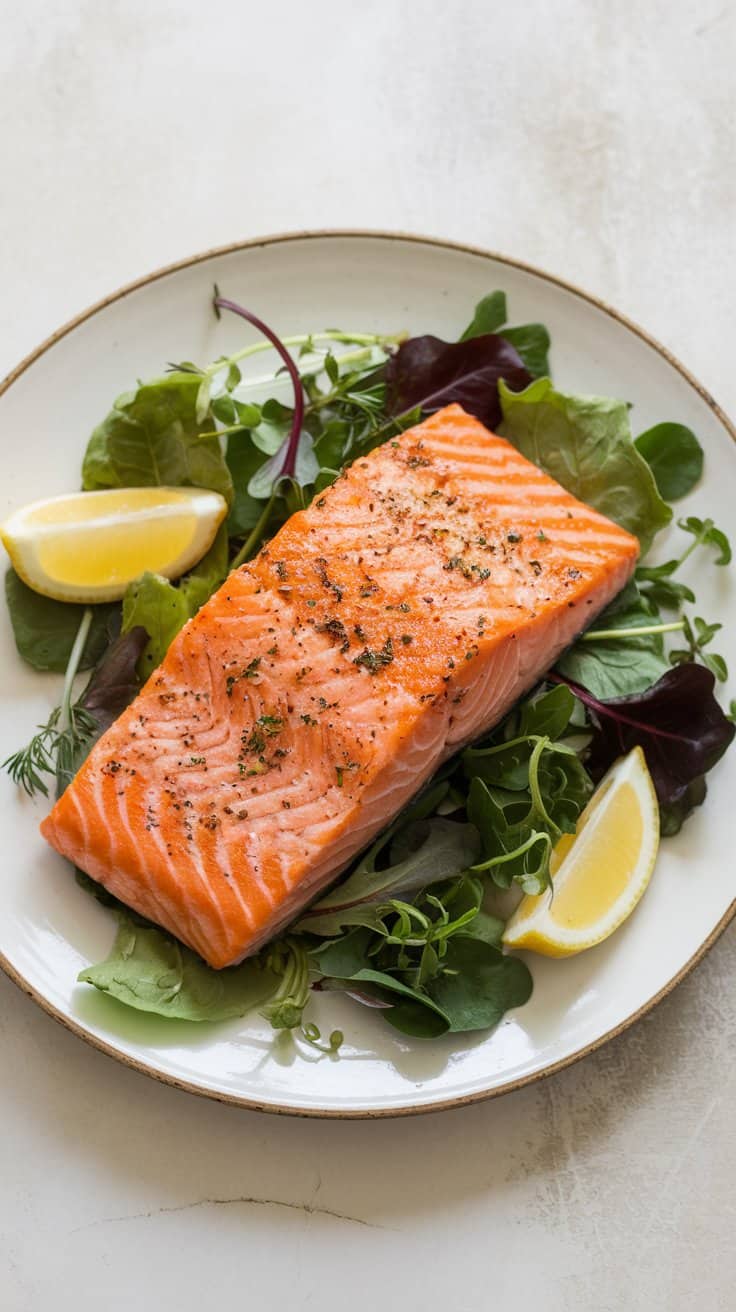 seared salmon fillet resting on a bed of greens